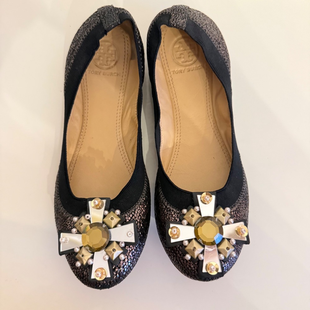 Tory Burch Metallic Gunmetal Jeweled Cross Ballet Flats Size 5